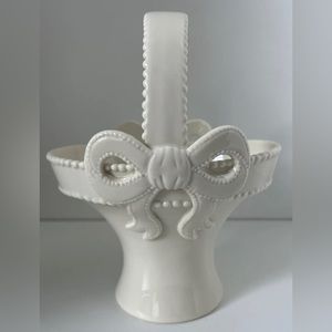 Ivory Porclain Basket with Handle and Bow  7-1/2” H x 6-1/4” W x 5-1/4” D